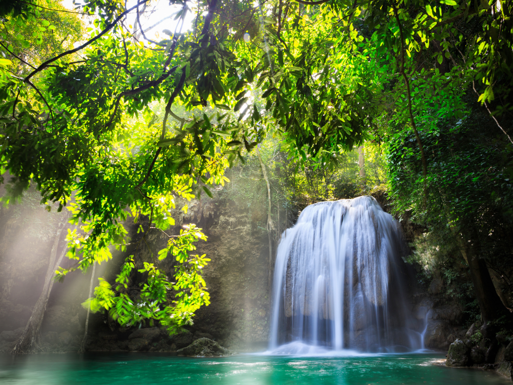 солнце, водопад, деревья, thailand, природа, Kanchanaburi