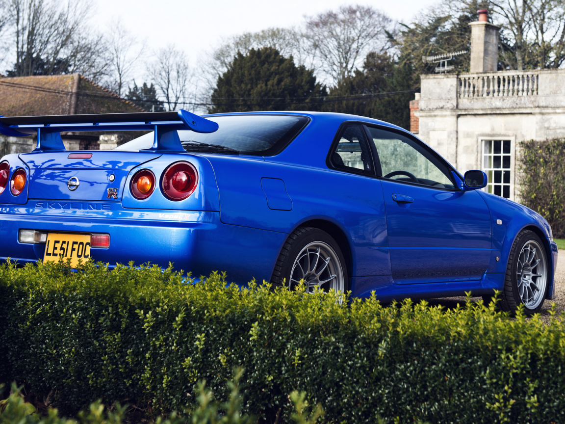 back, r34, house, skyline, гтр, bush, tree, ниссан, gtr, Nissan, blue, скайлайн