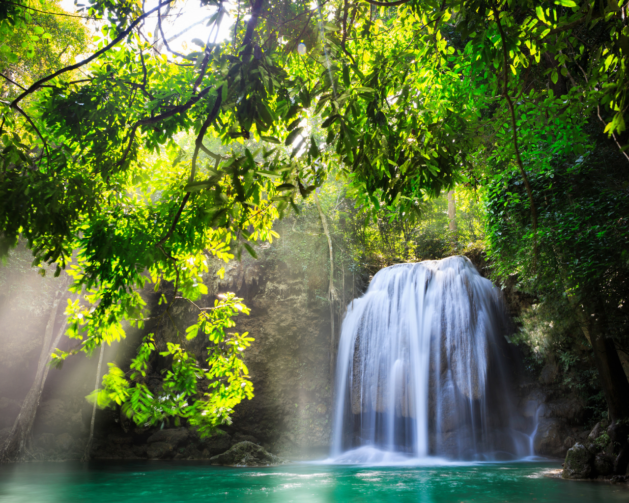 солнце, водопад, деревья, thailand, природа, Kanchanaburi