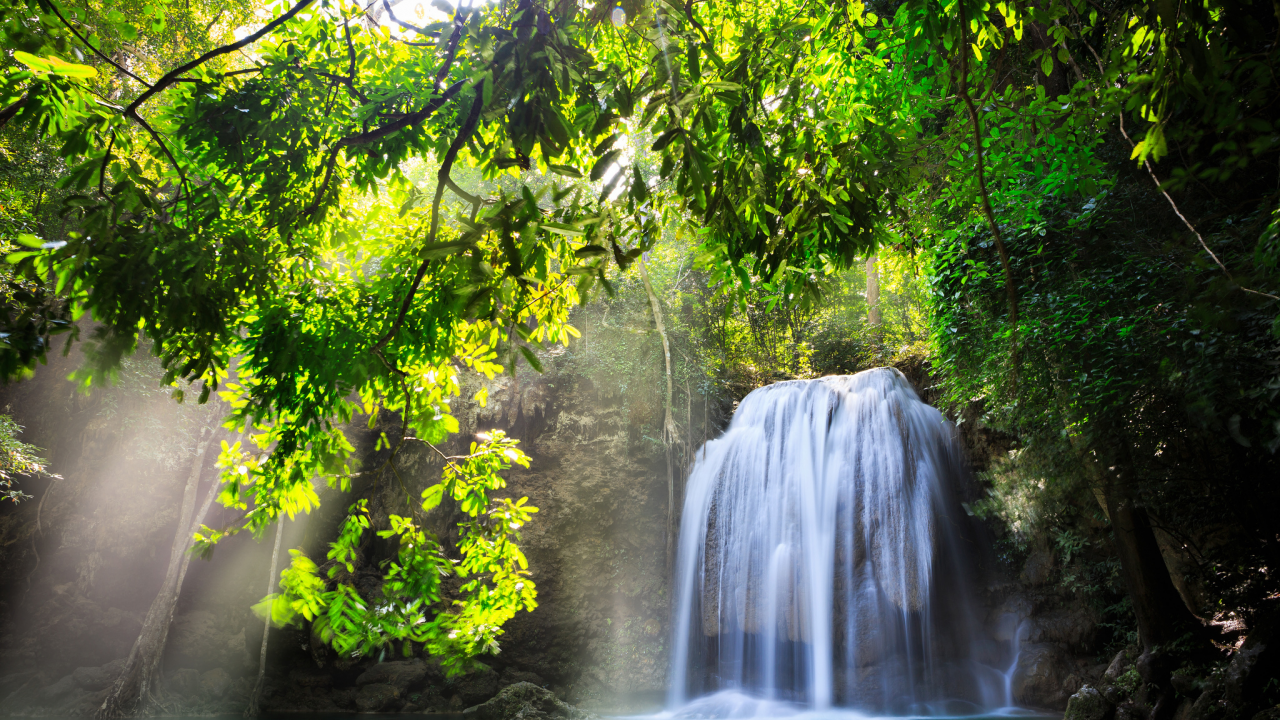 солнце, водопад, деревья, thailand, природа, Kanchanaburi