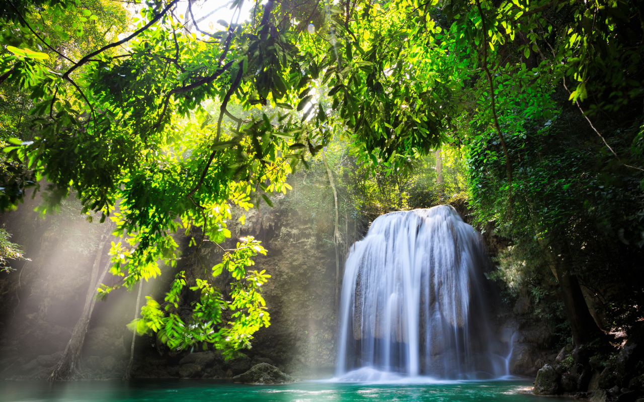 солнце, водопад, деревья, thailand, природа, Kanchanaburi