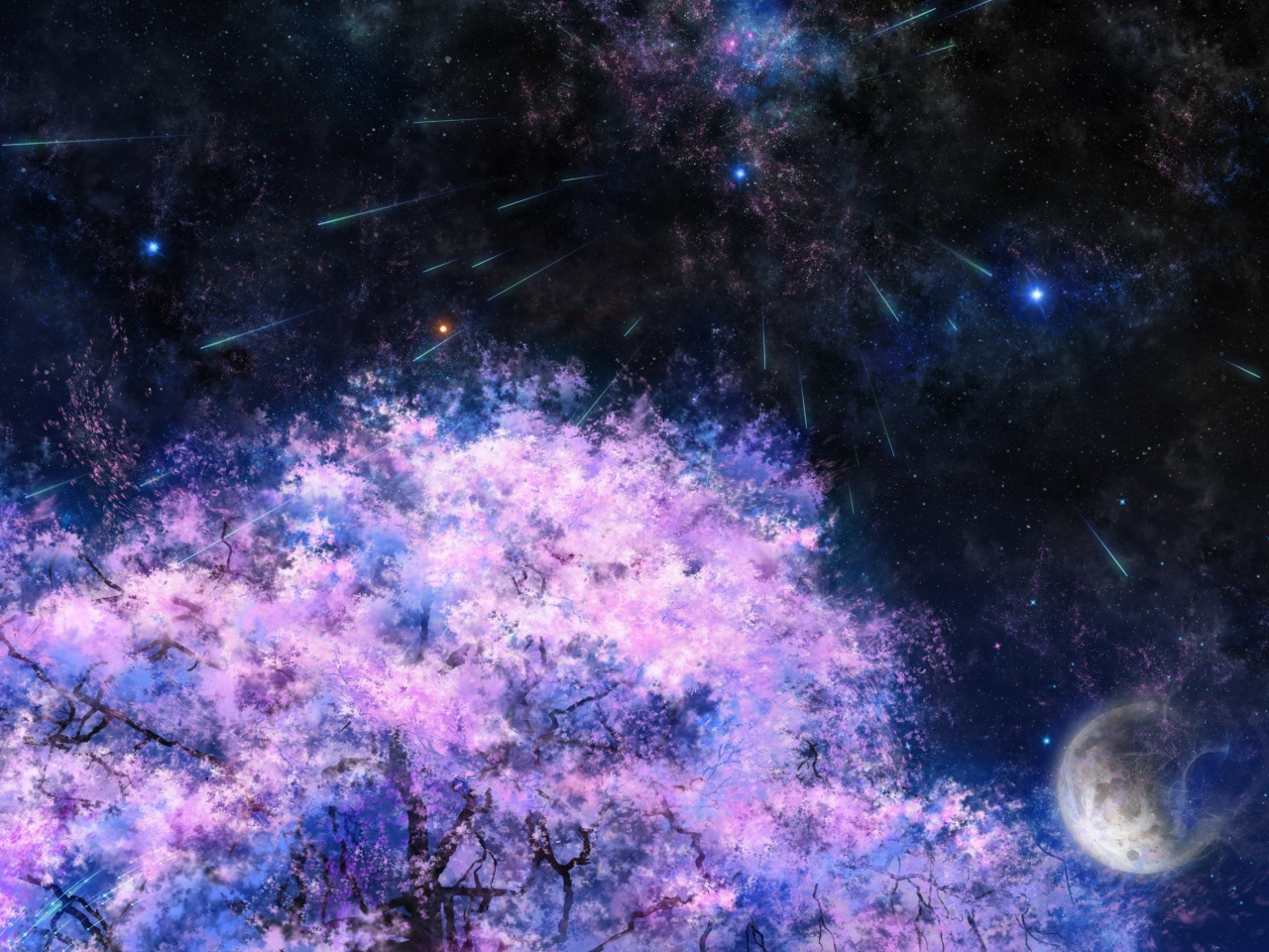Арт, , дерево, луна, космос, ночь, сакура, звезды, tsujiki