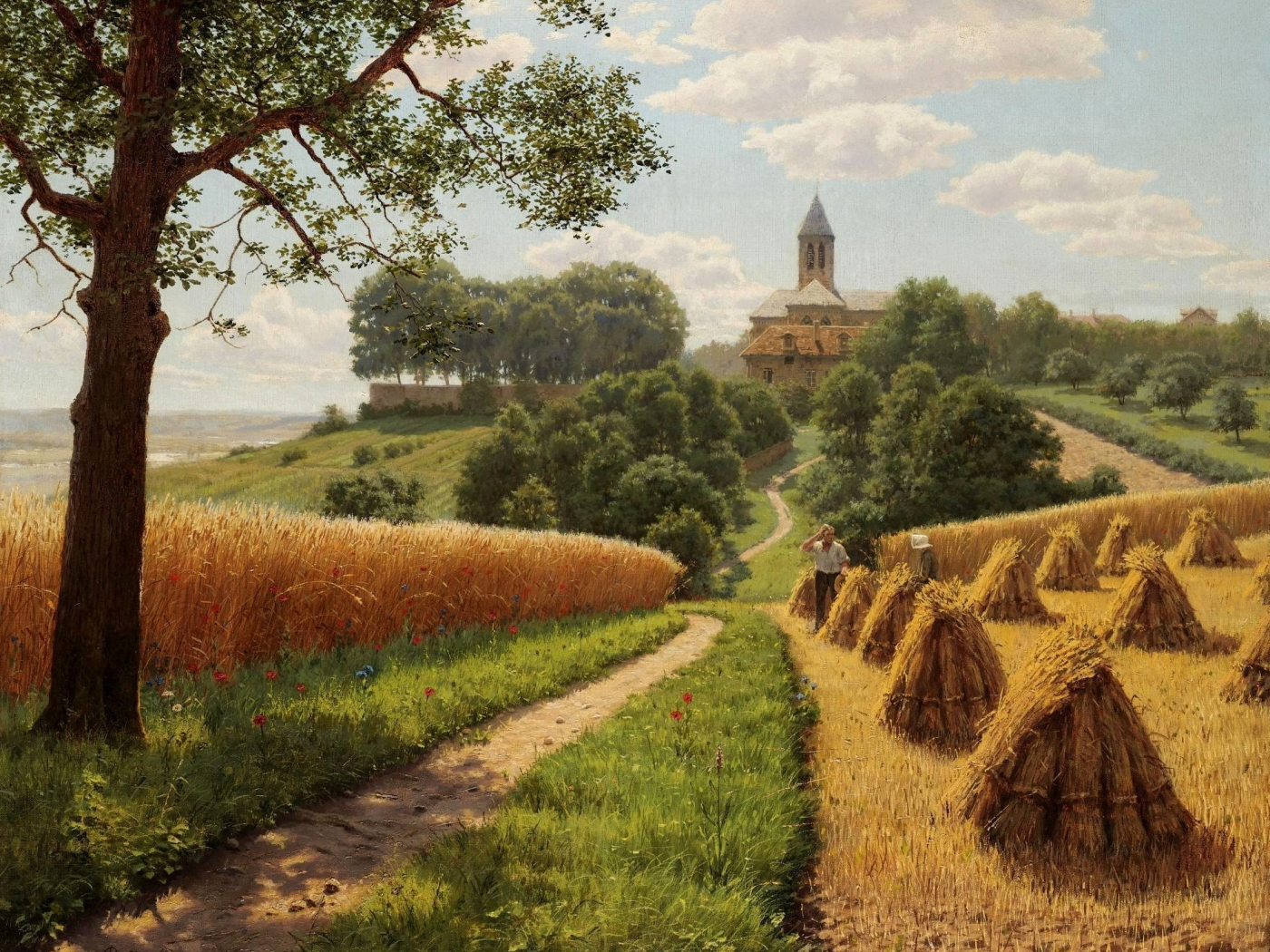 поле, деревья, пейзаж, Картина, пшеница, борис бессонов