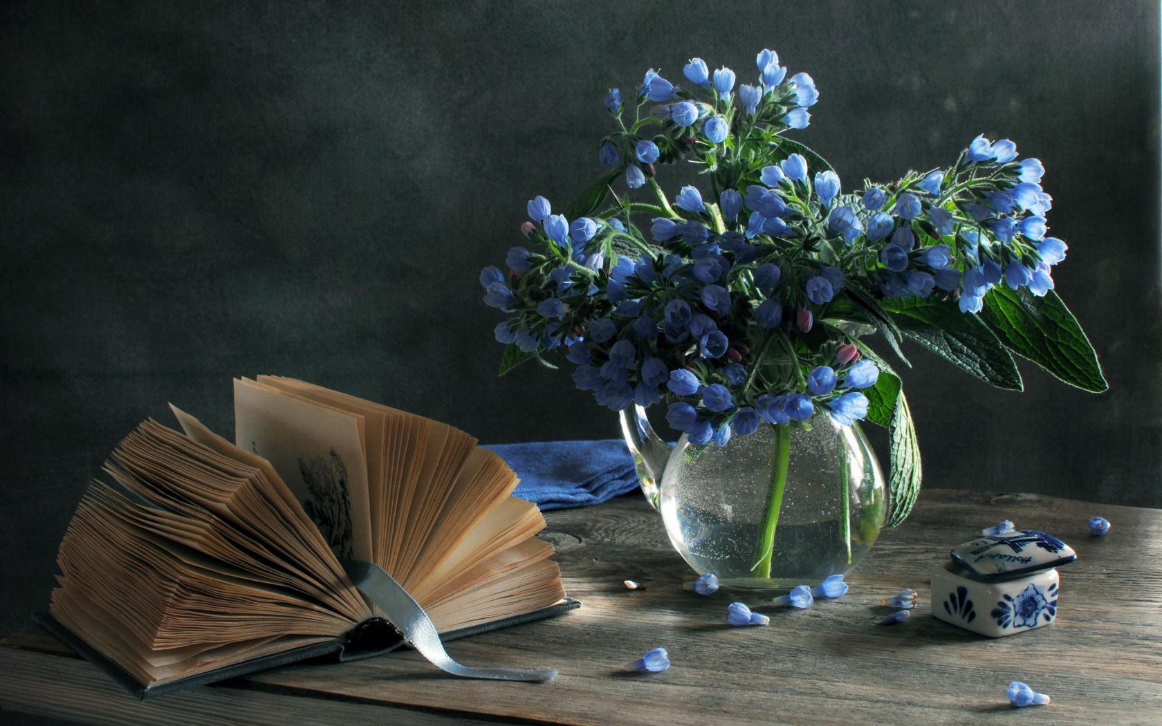 весенние, голубые, книга, Натюрморт, цветы, ваза