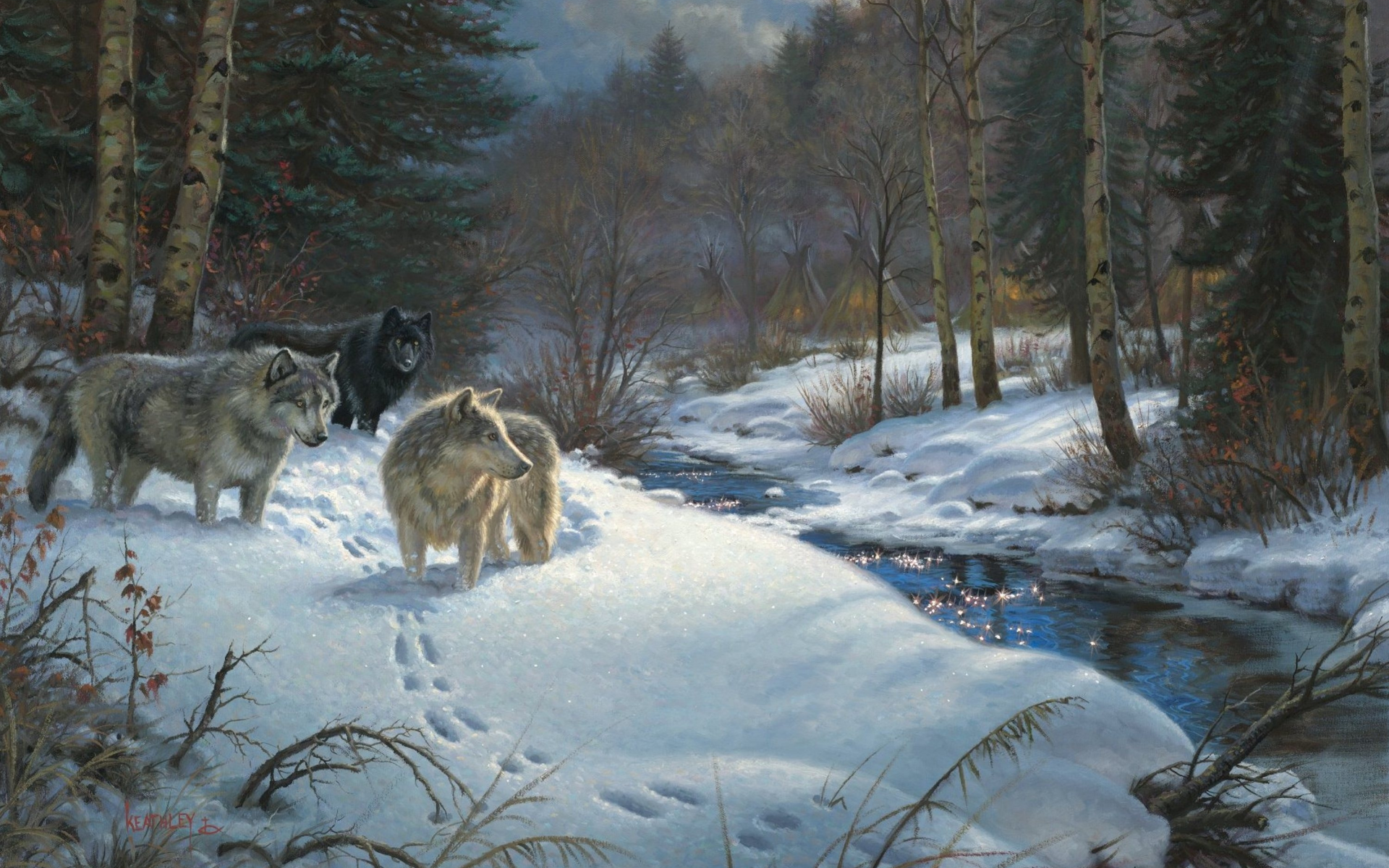 живопись, животные, ручей, valley of shadows, лес, зима, Mark keathley