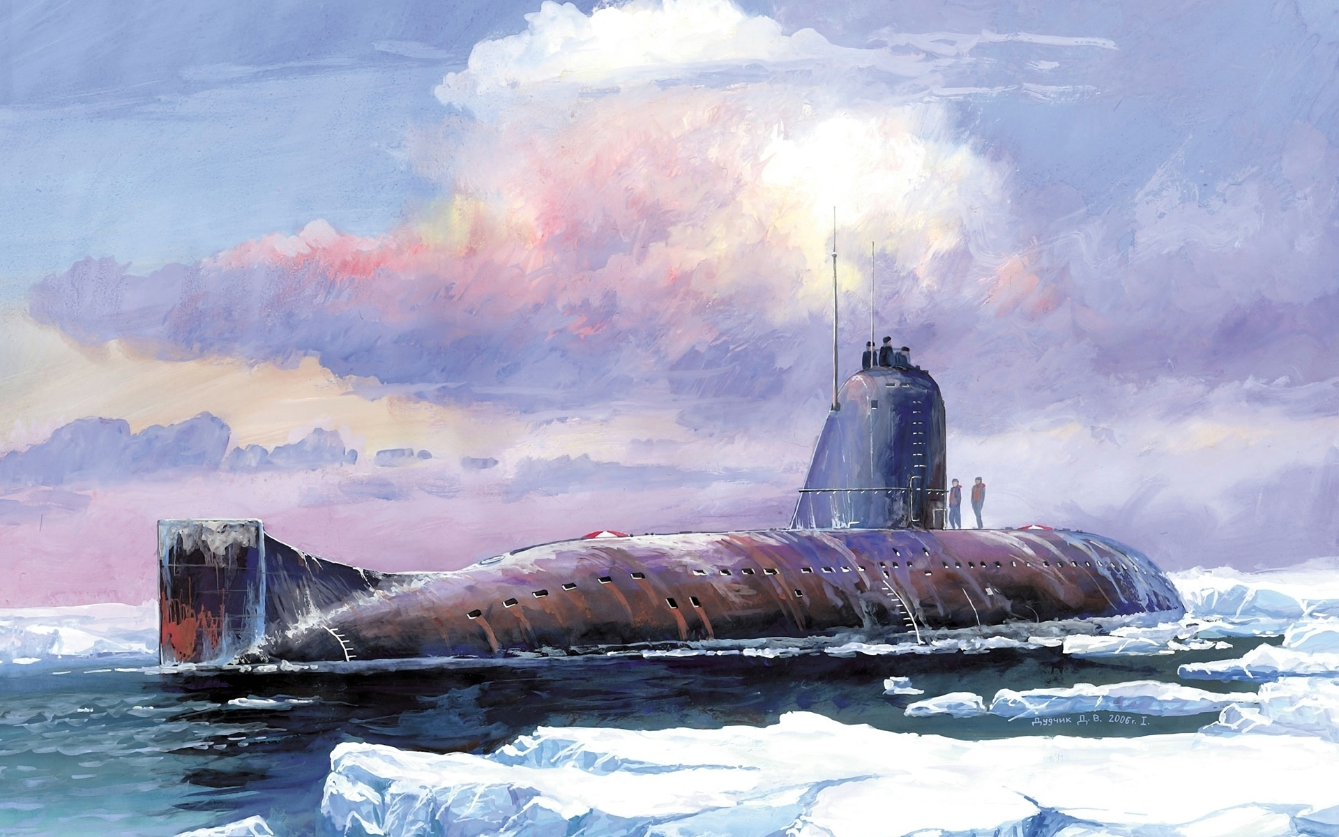 submarine, небо, Арт, льды, подводная, вода, к-3, облака, лодка