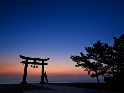 синее, деревья, небо, закат, Япония, оранжевый, вечер