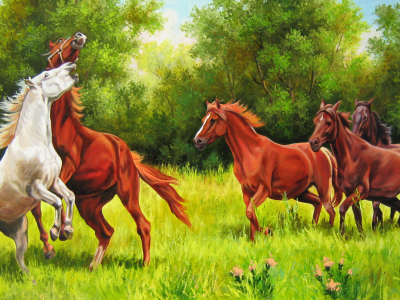 Елена самарская, лето, лес, живопись, кони игривые