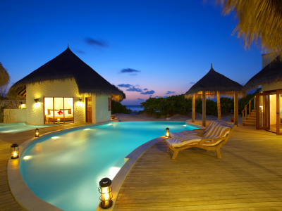 бассейн, лежаки, pool, кровать, вечер, Мальдивы, домики