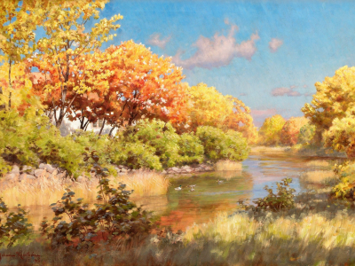 вода, река, картина, johan krouthen, осень, пейзаж, деревья
