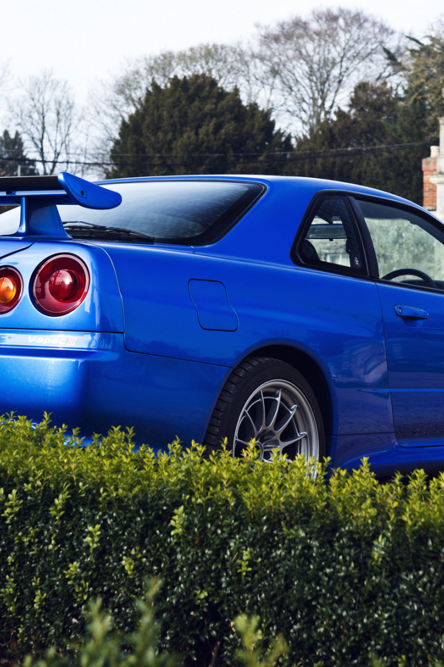 back, r34, house, skyline, гтр, bush, tree, ниссан, gtr, Nissan, blue, скайлайн