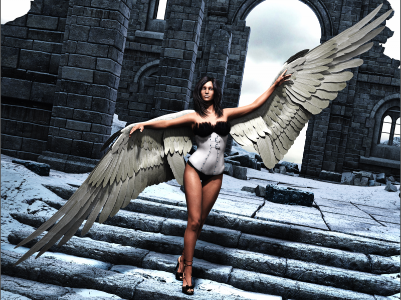 взгляд , ангел, девушка, Рендеринг, волосы, крылья