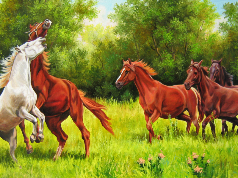 Елена самарская, лето, лес, живопись, кони игривые