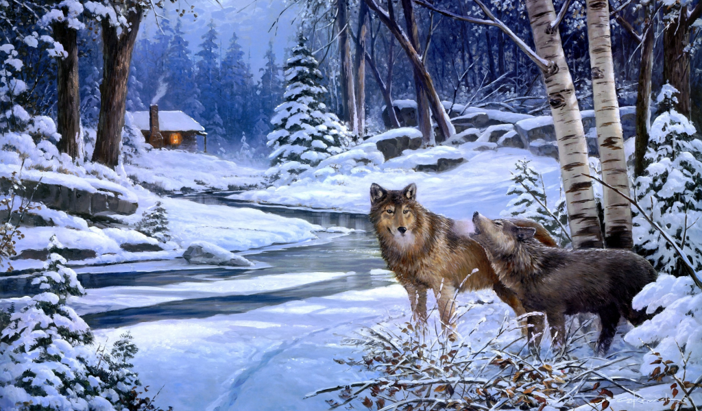 return to cabin creek, живопись, волк, волки, george kovach, животные