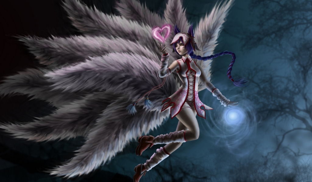 арт, сердечко, league of legends, хвосты, ahri, девушка