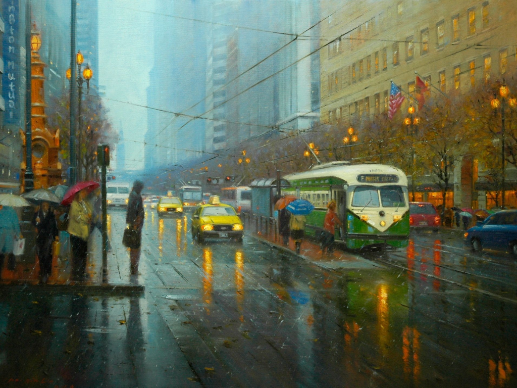 трамвай, картина, po pin lin, город, арт, дождь, улица, люди