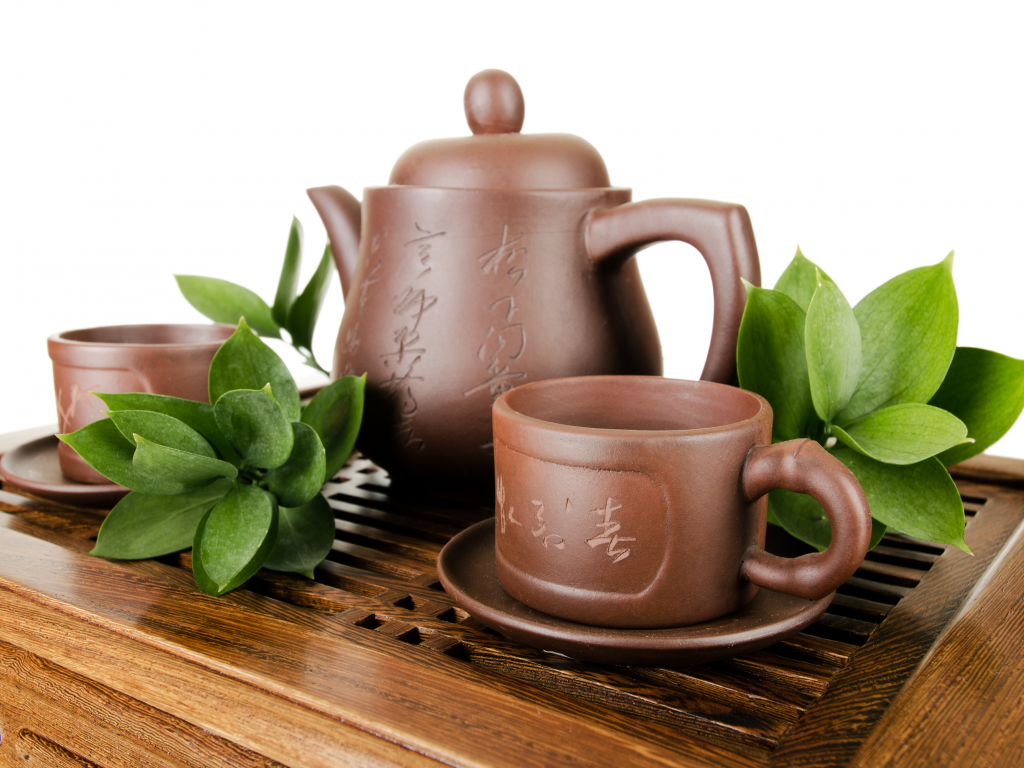 заварник, чай, посуда, листья, чашки, глиняная, чайник