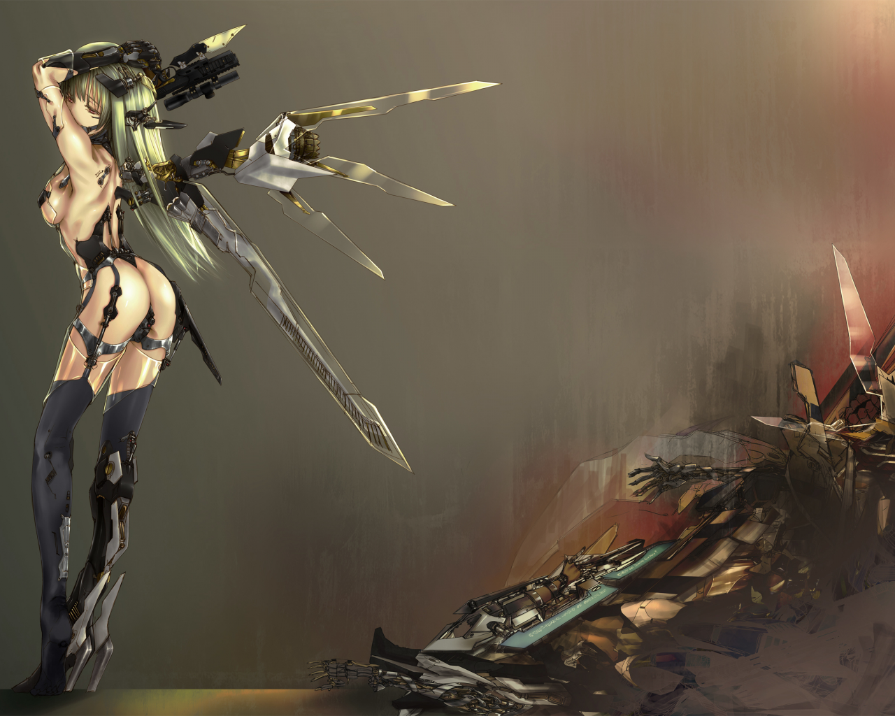 девушка, робот, арт, kawanakajima, оружие, металл, клинки