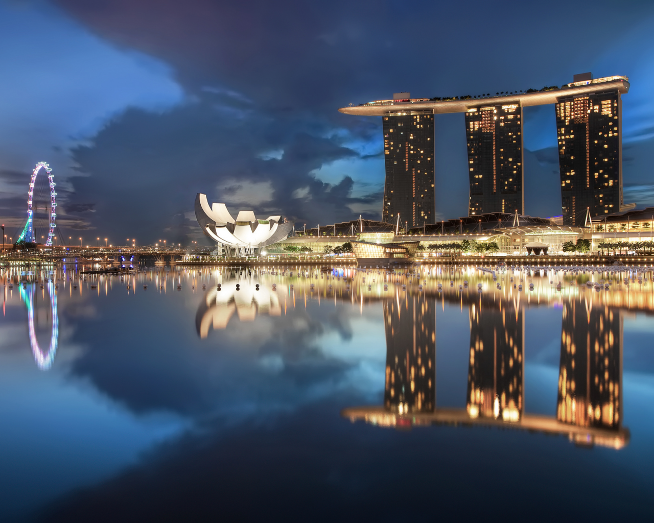 night, blue, sky, architecture, gardens by the bay, skyscrapers, singapore, lights, clouds