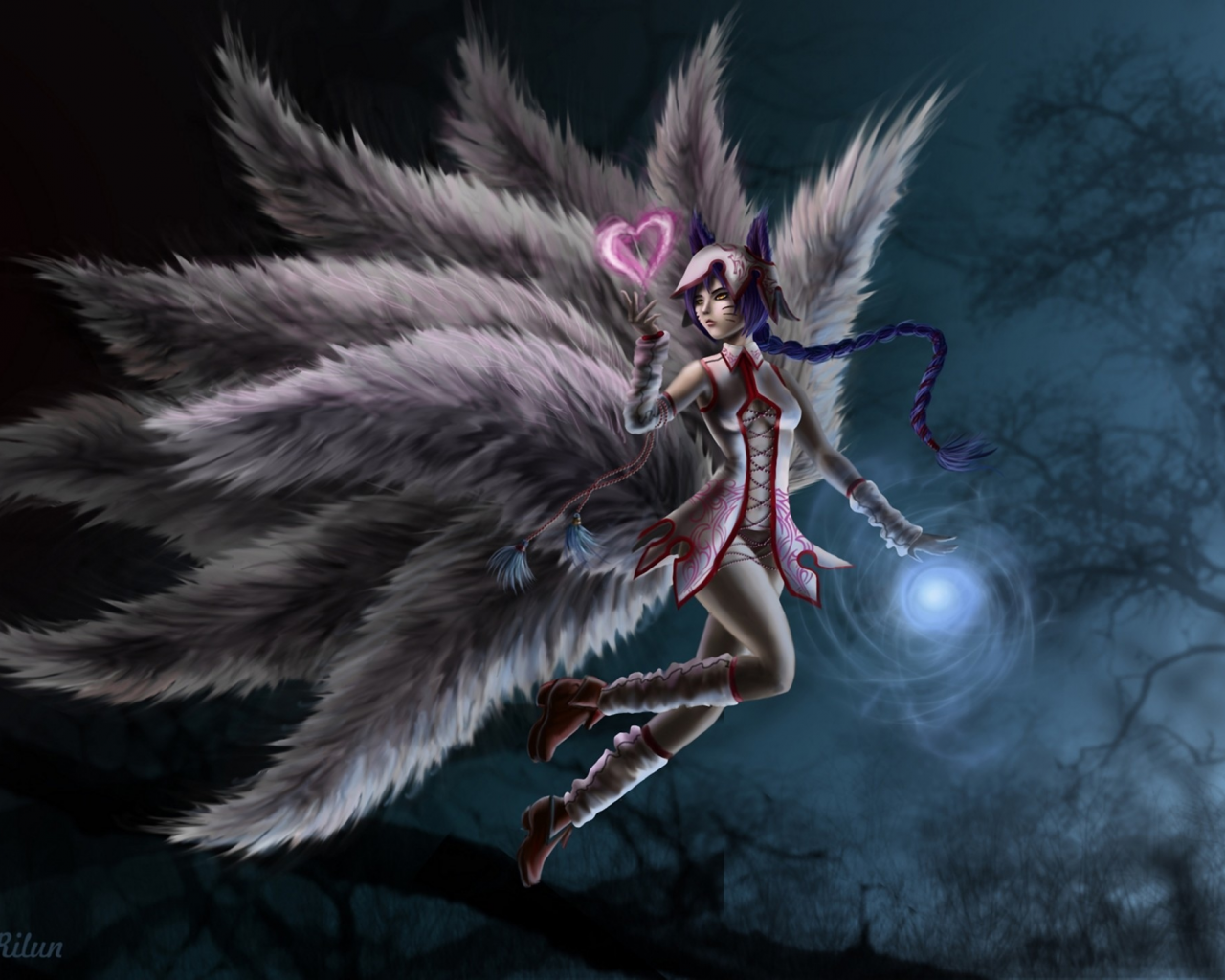 арт, сердечко, league of legends, хвосты, ahri, девушка