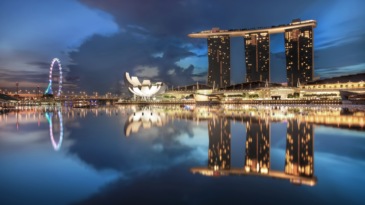 night, blue, sky, architecture, gardens by the bay, skyscrapers, singapore, lights, clouds