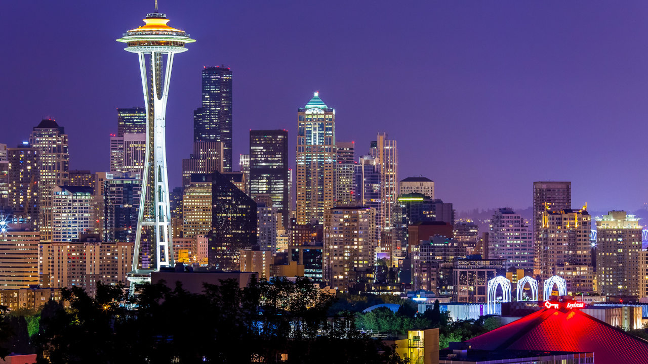 space needle, city, violet, sky, lights, usa, сша, washington, night, seattle