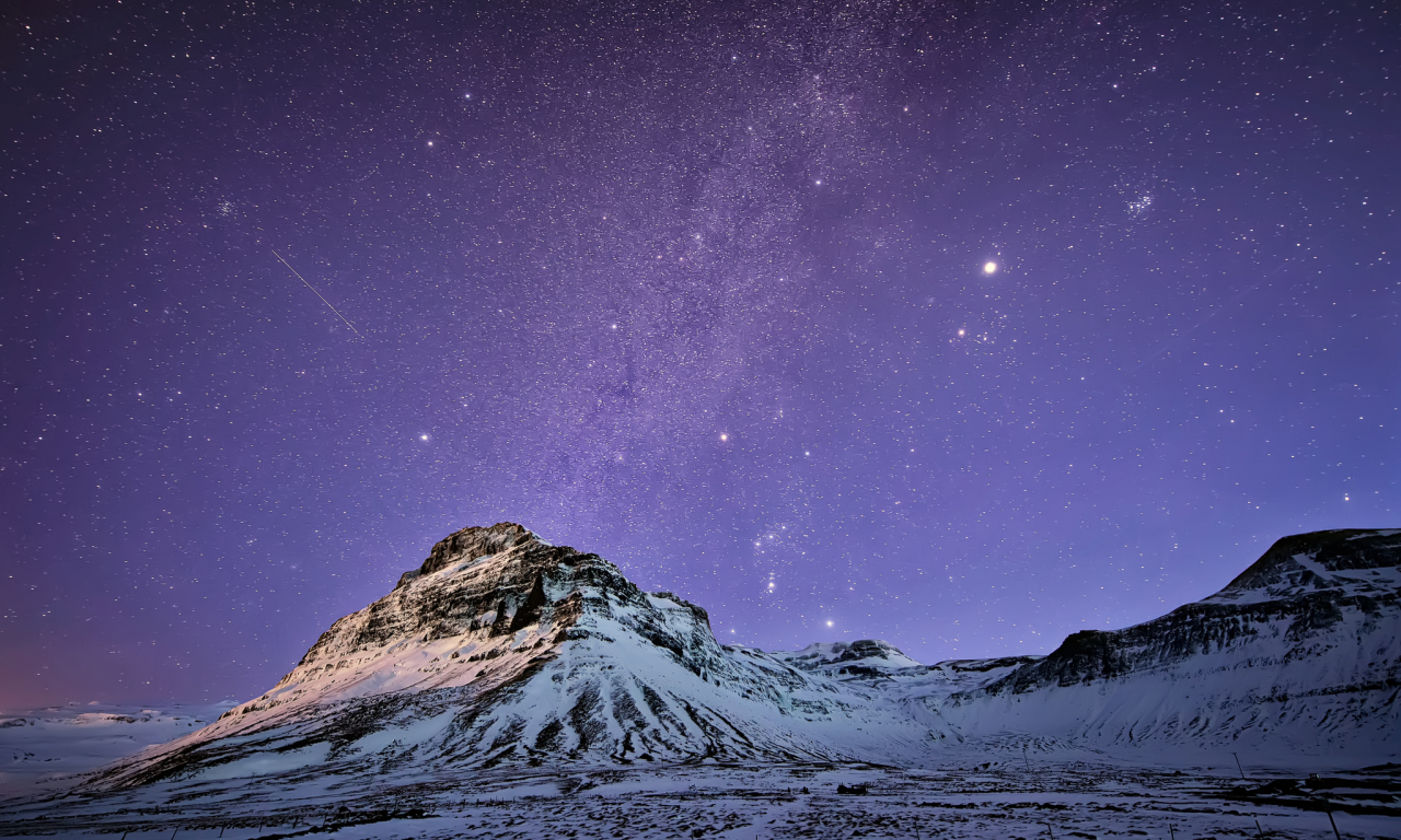 сиреневое, звезды, снег, исландия, ночь, горы, небо