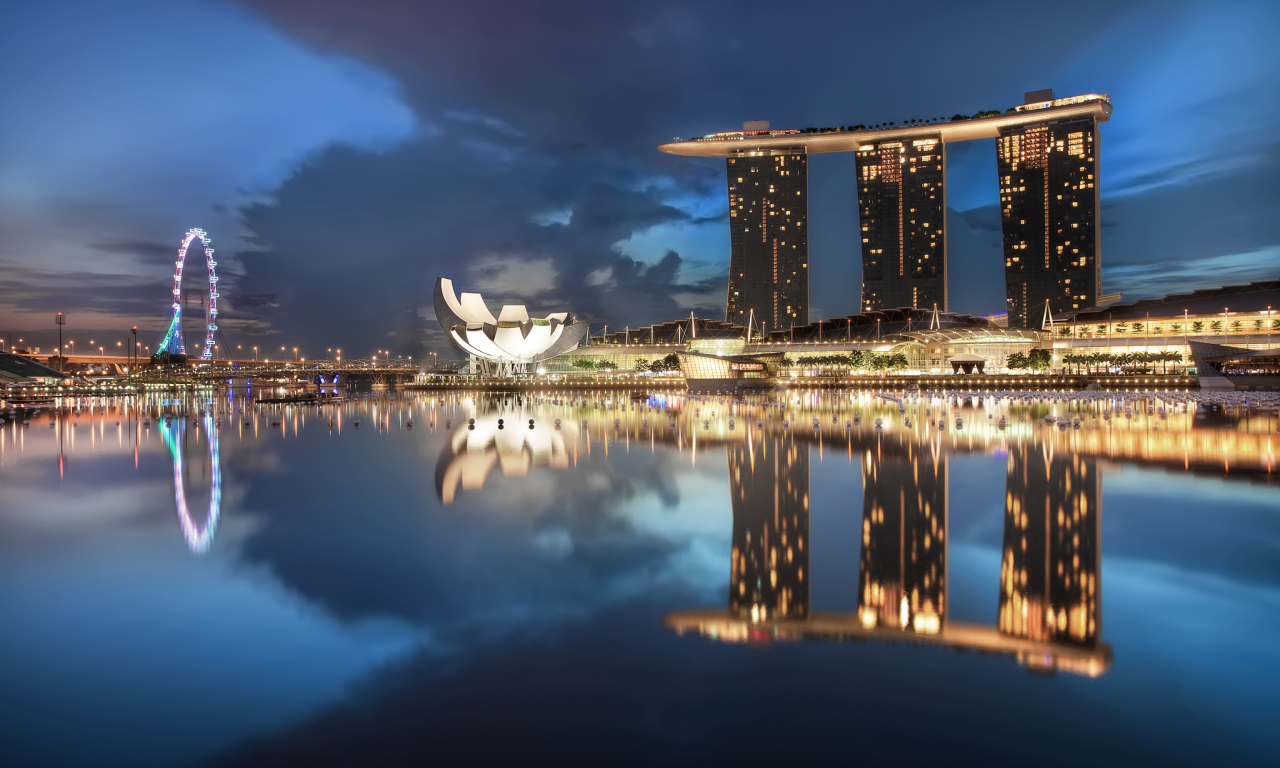 night, blue, sky, architecture, gardens by the bay, skyscrapers, singapore, lights, clouds