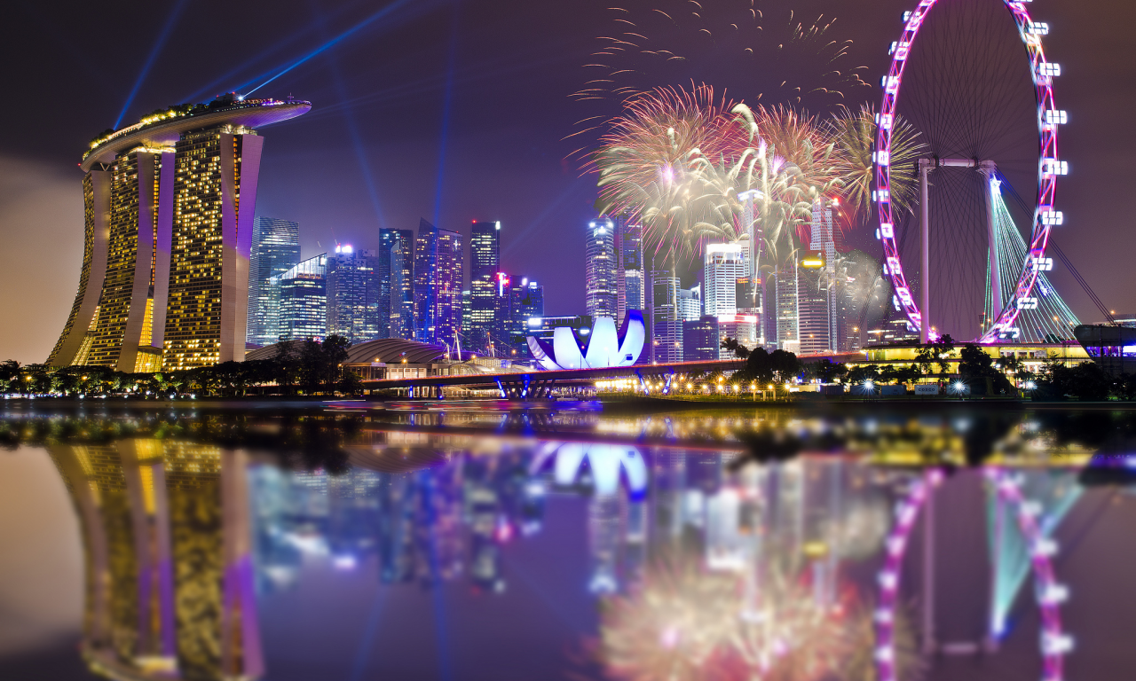 skyscrapers, lights, holiday, gardens by the bay, sky, singapore, night, reflection, architecture