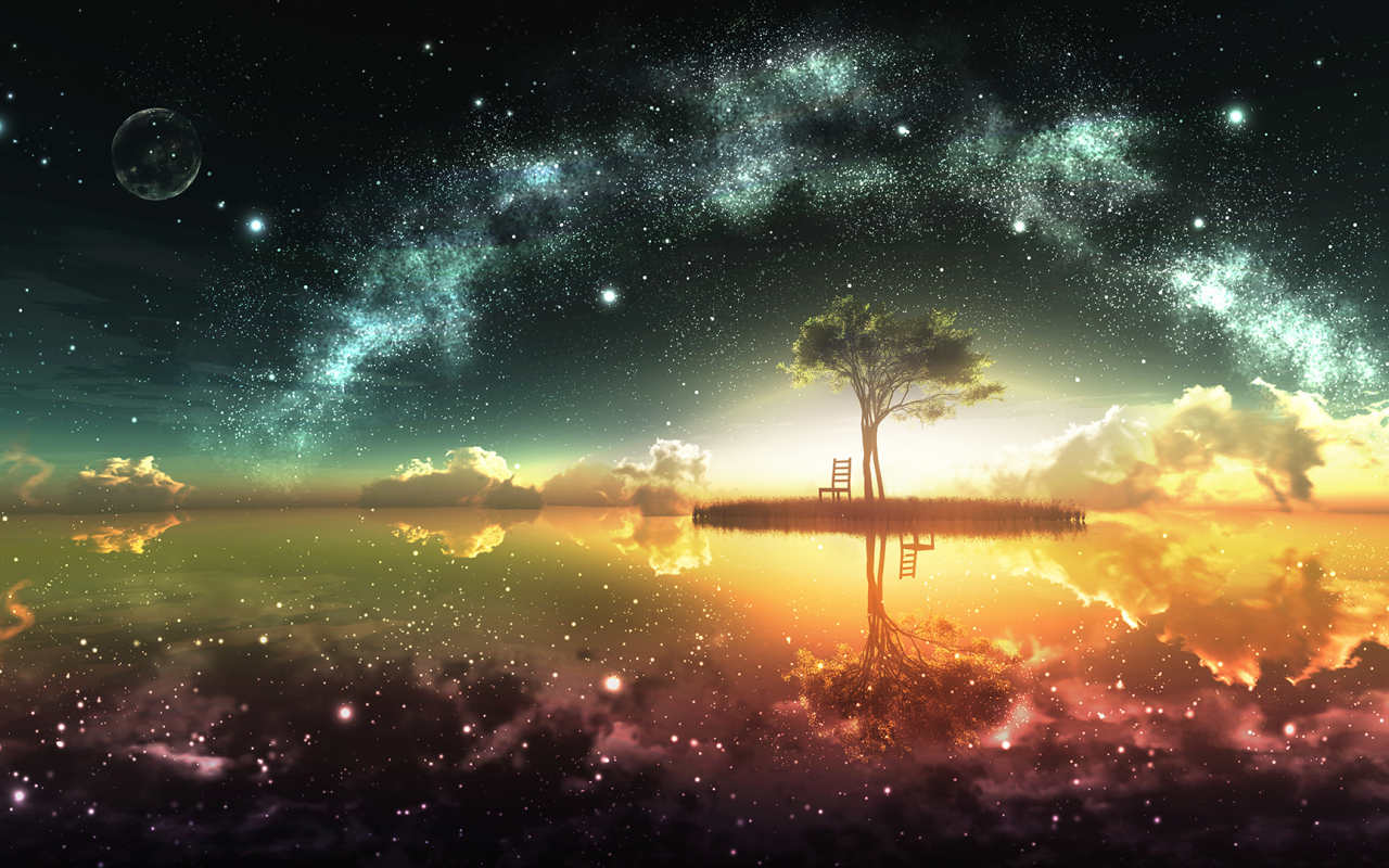 небо, звезды, отражение, дерево, земля, луна, остров, солнце, облака, стул, горизонт