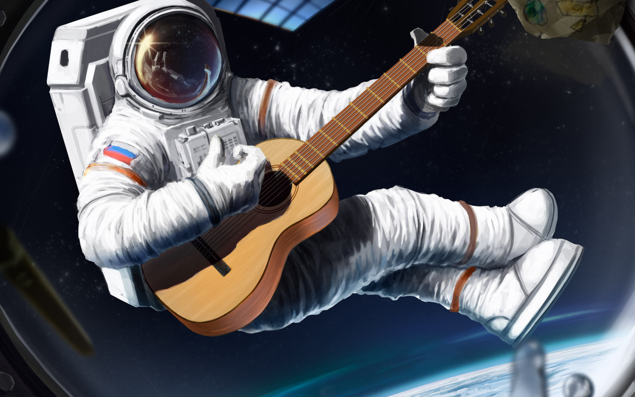 арт, космонавт, космос, гитара, иллюминатор, корабль