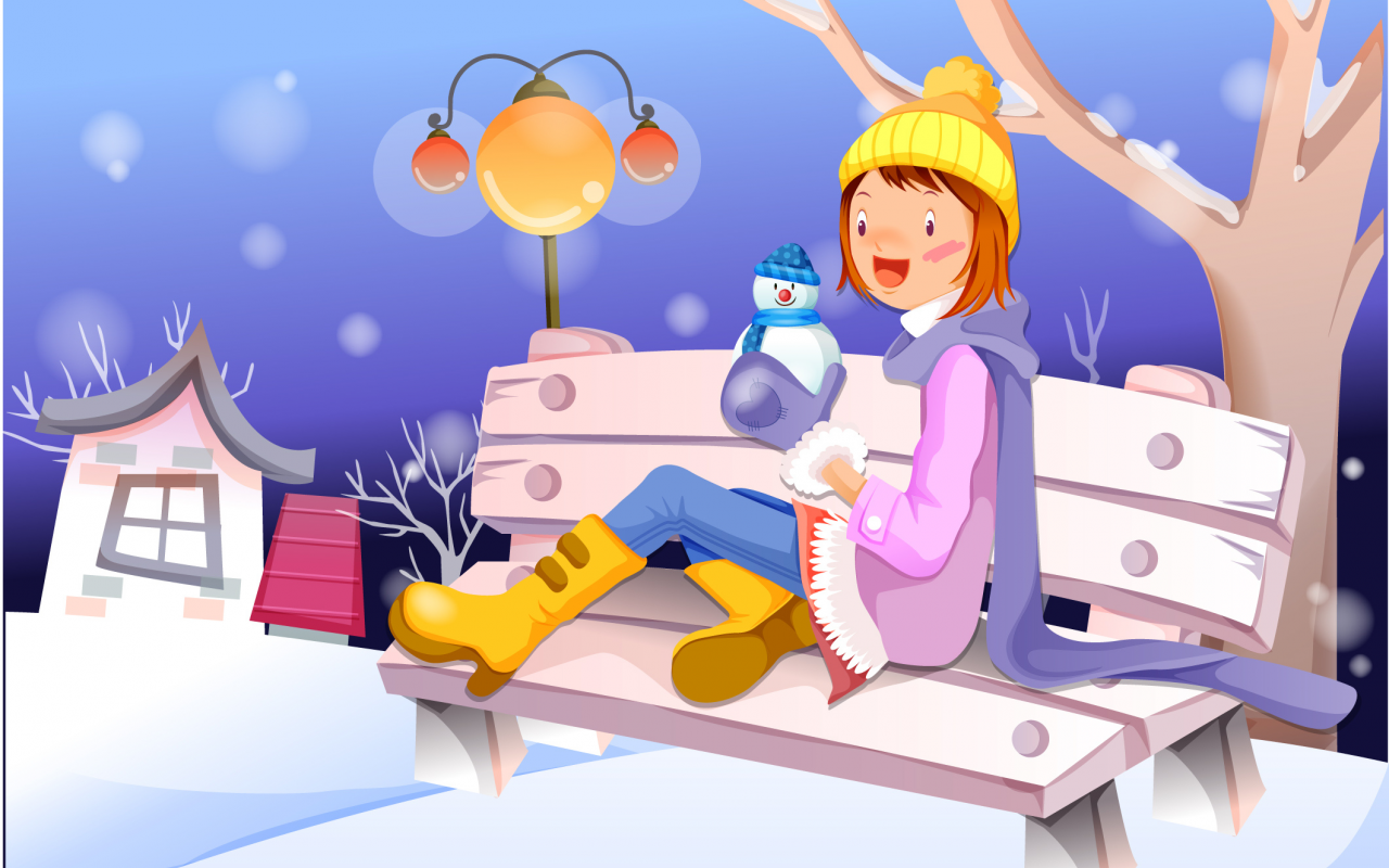 скамейка, снеговик, графика, девушка, зима, дом, дерево