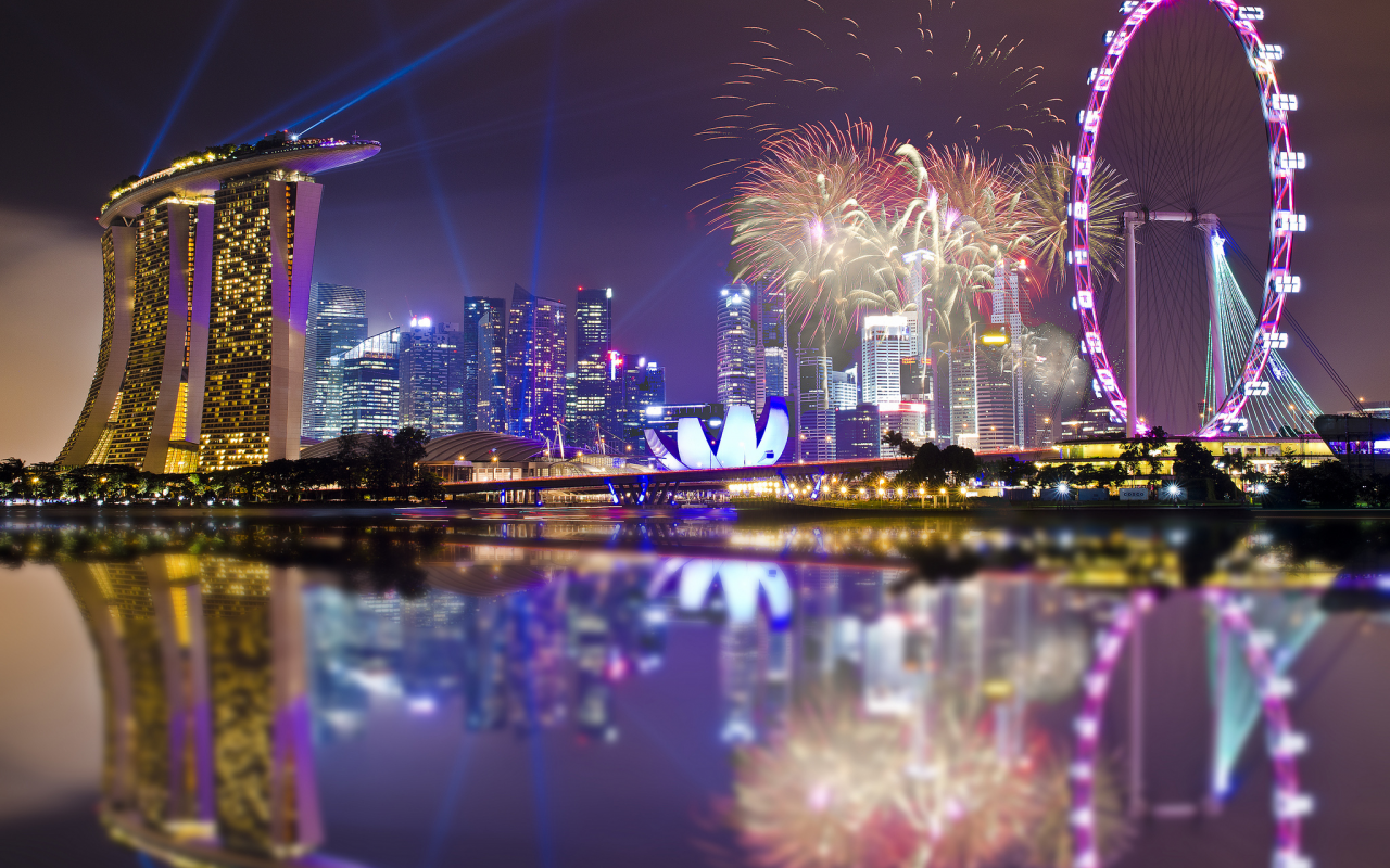 skyscrapers, lights, holiday, gardens by the bay, sky, singapore, night, reflection, architecture