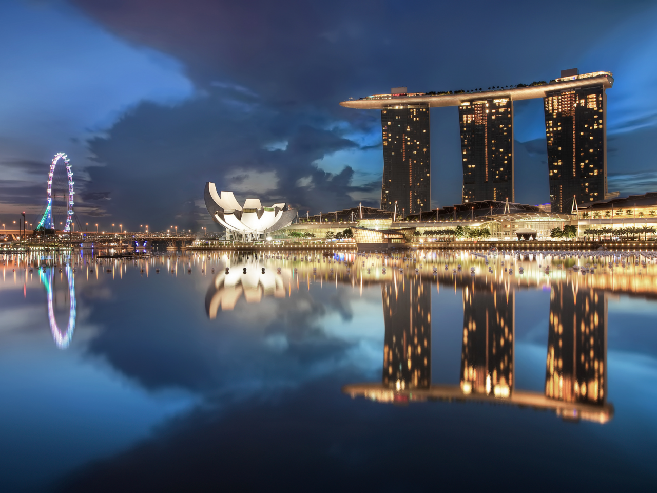 night, blue, sky, architecture, gardens by the bay, skyscrapers, singapore, lights, clouds