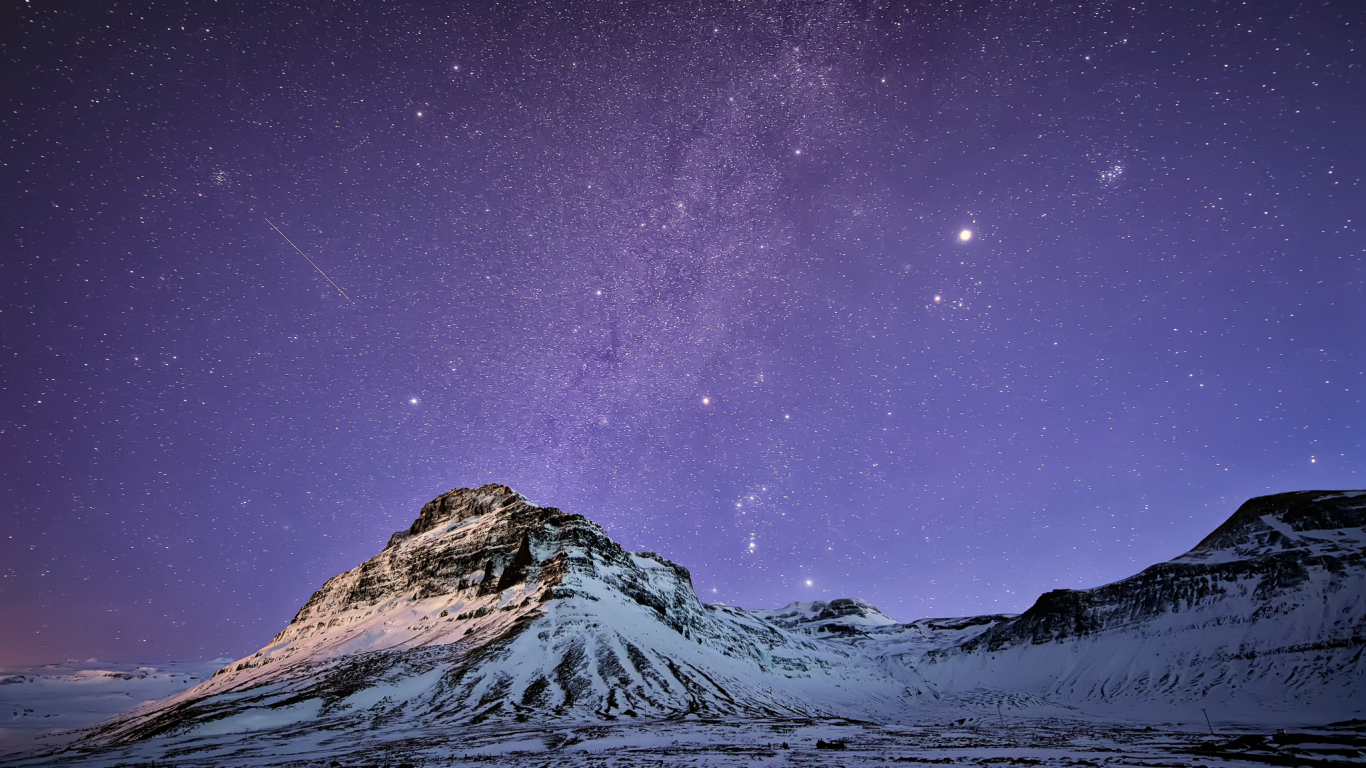 сиреневое, звезды, снег, исландия, ночь, горы, небо