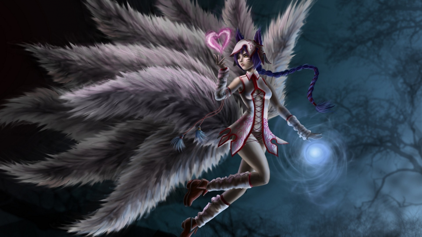 арт, сердечко, league of legends, хвосты, ahri, девушка