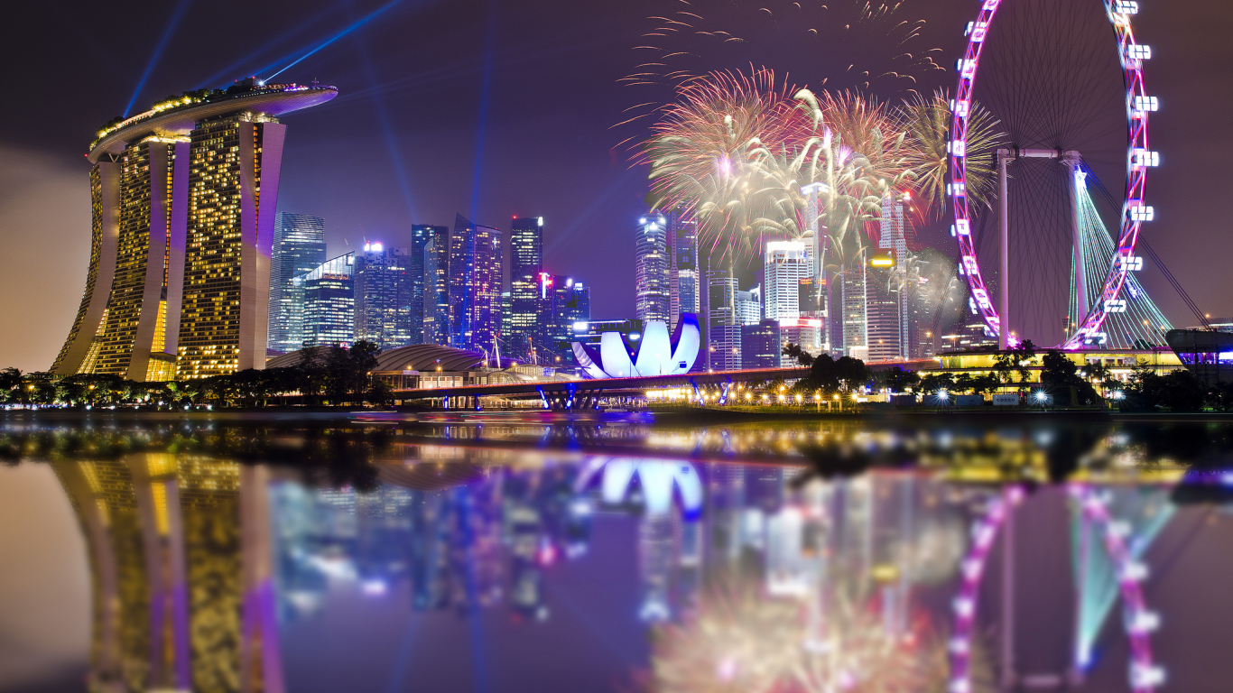 skyscrapers, lights, holiday, gardens by the bay, sky, singapore, night, reflection, architecture