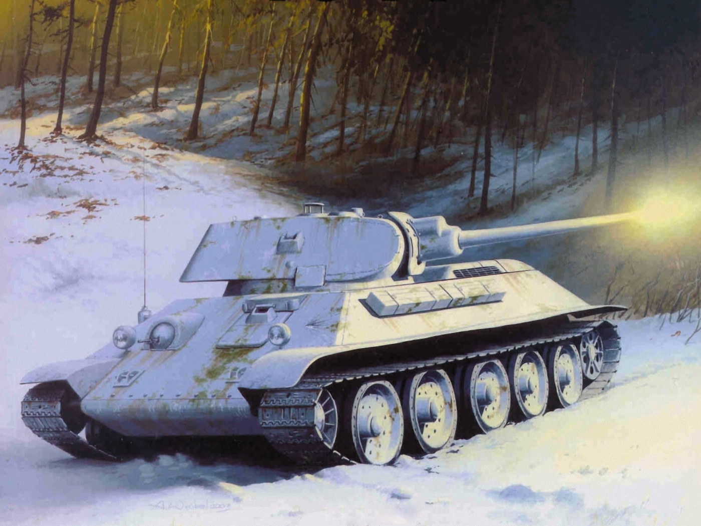 арт, зима, танк, деревья, советский, снег, средний, t-34-76