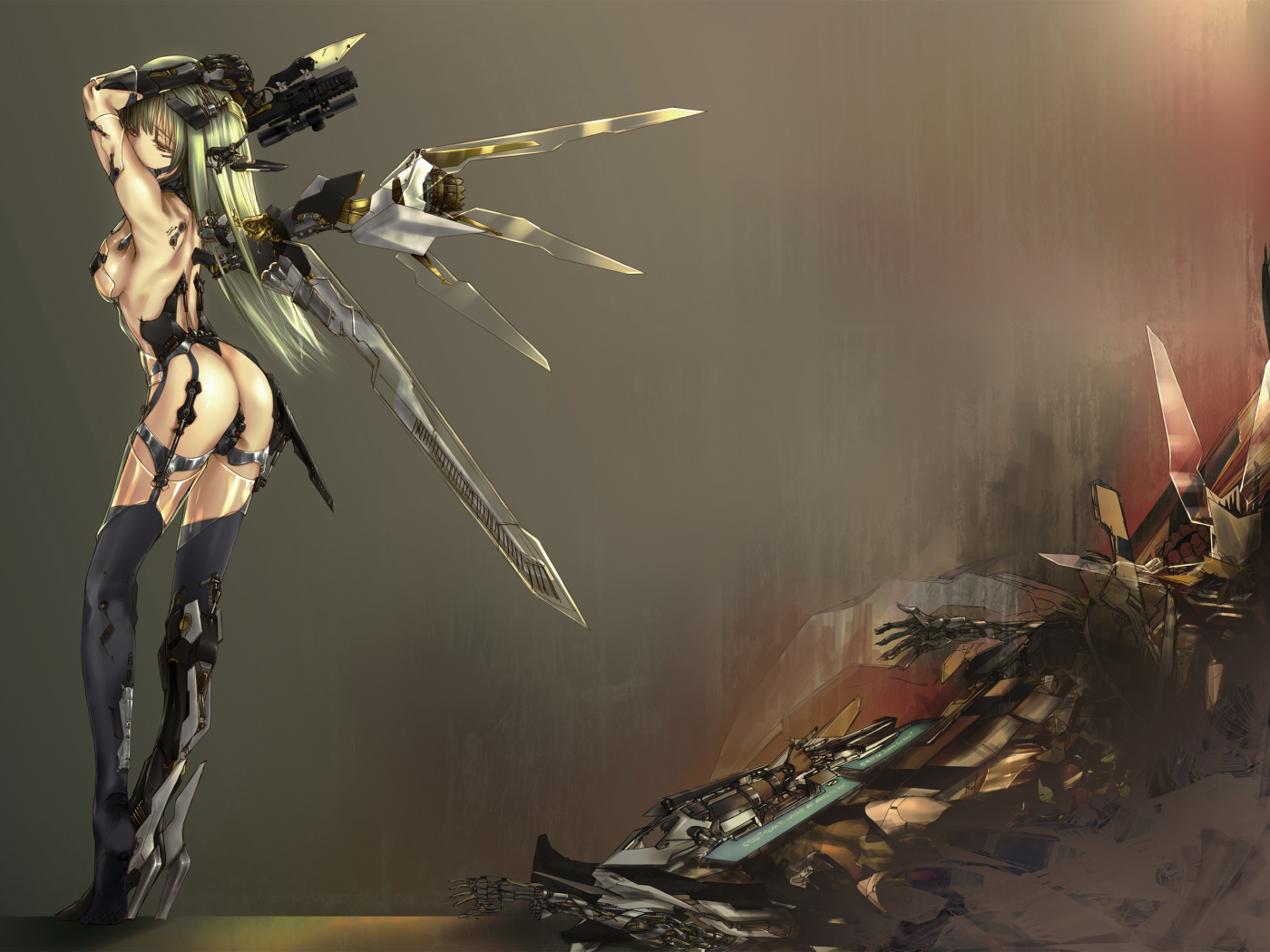 девушка, робот, арт, kawanakajima, оружие, металл, клинки