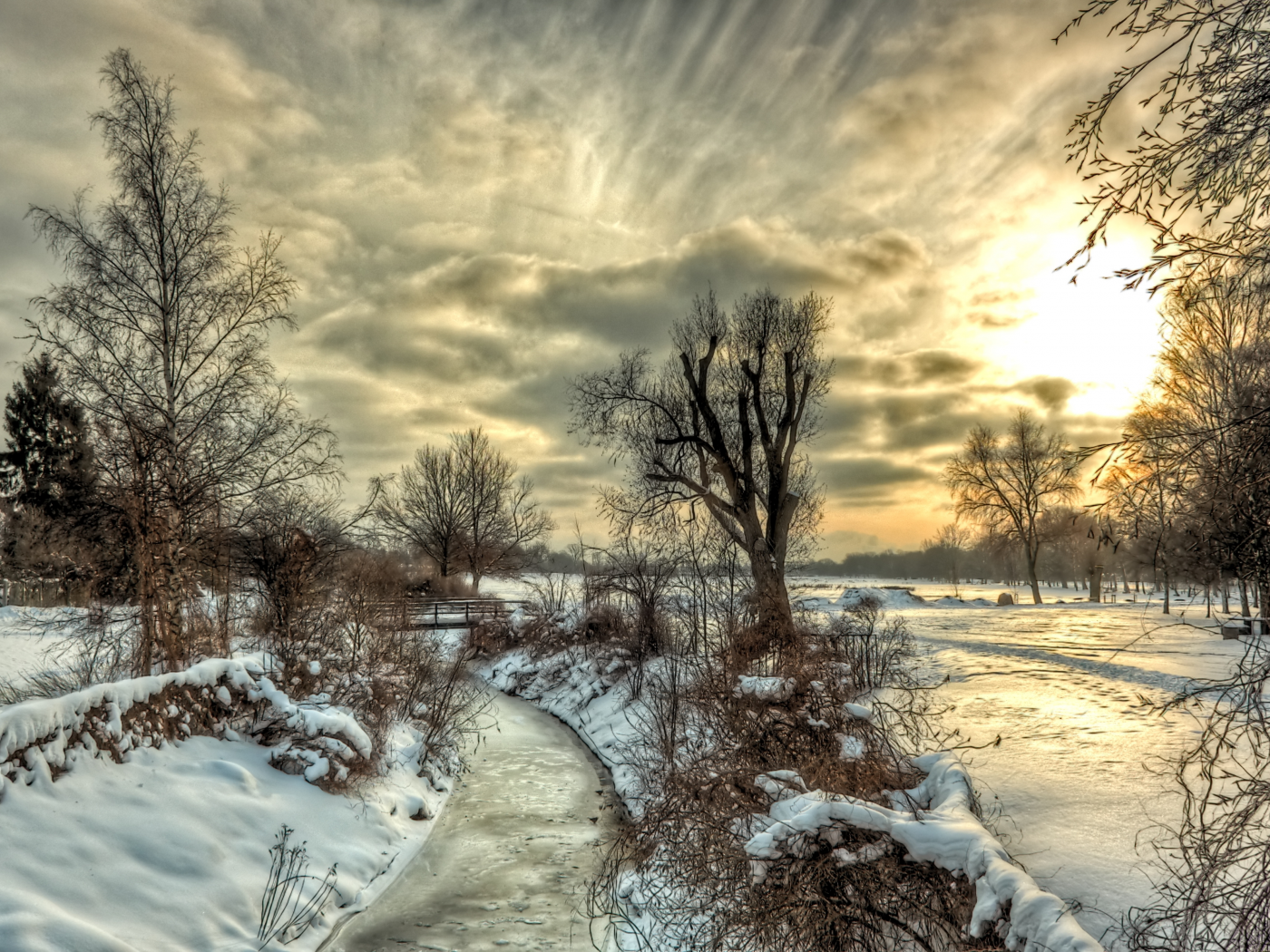 пейзаж, зима, снег, природа, деревья, небо, река, облака