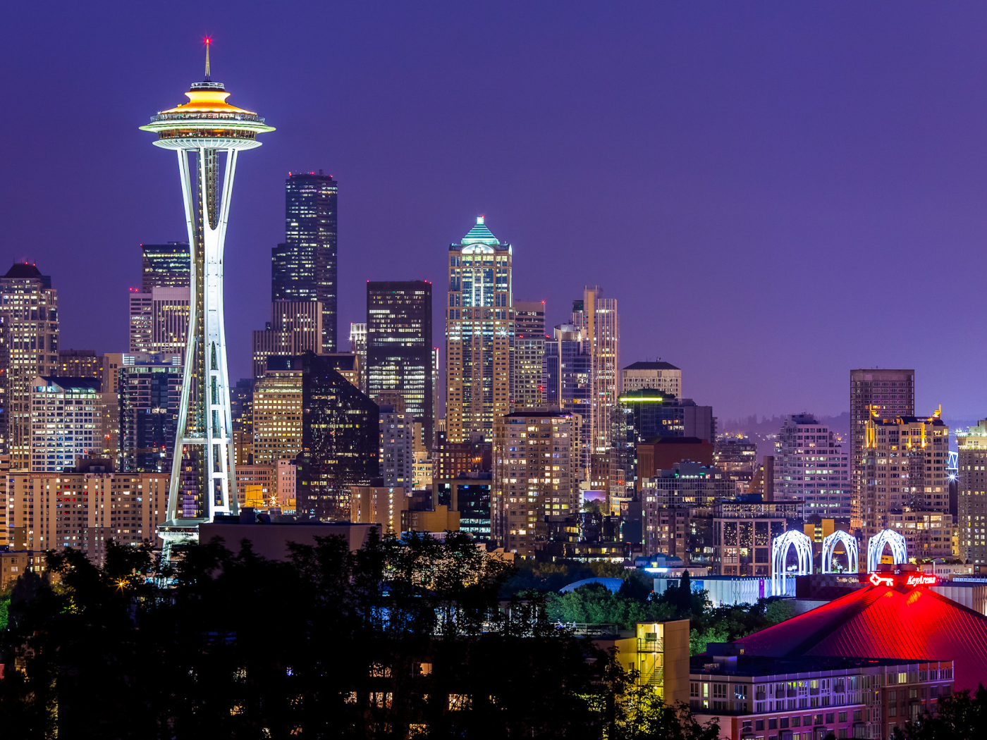 space needle, city, violet, sky, lights, usa, сша, washington, night, seattle