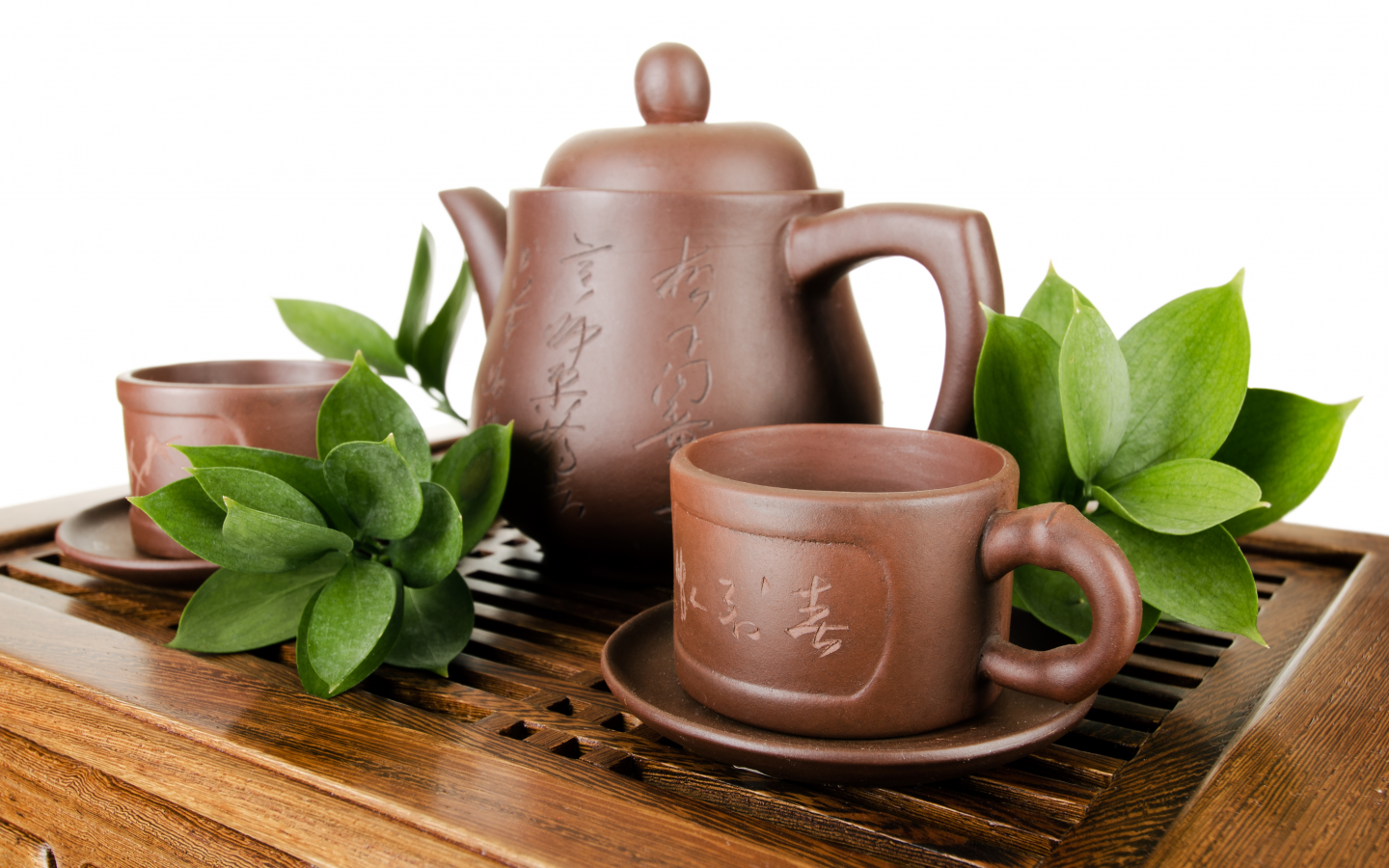 заварник, чай, посуда, листья, чашки, глиняная, чайник