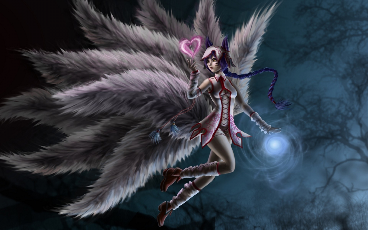 арт, сердечко, league of legends, хвосты, ahri, девушка