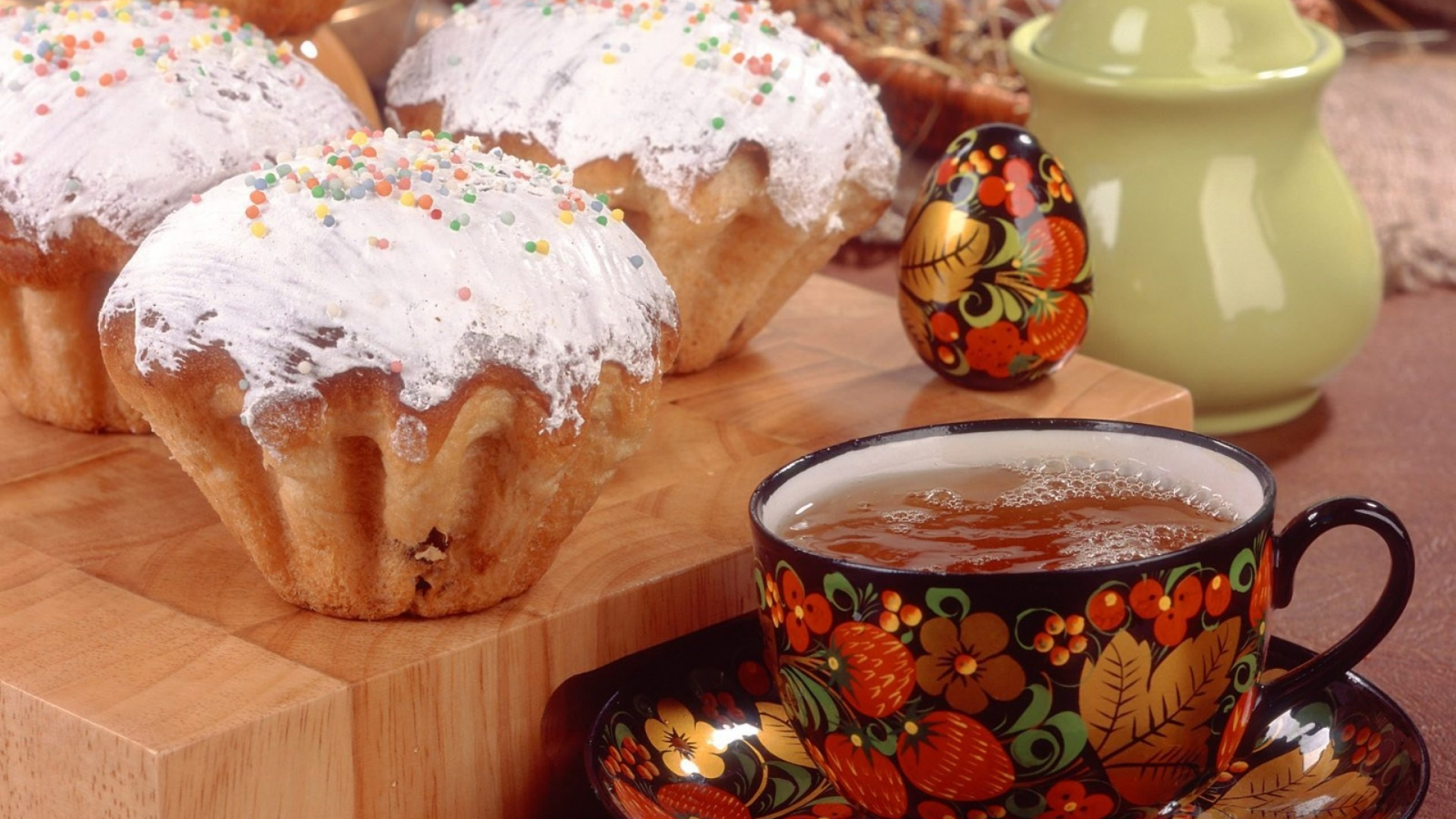 кулич, хохлома, посыпка, пасха, яйцо, easter, праздник, чай