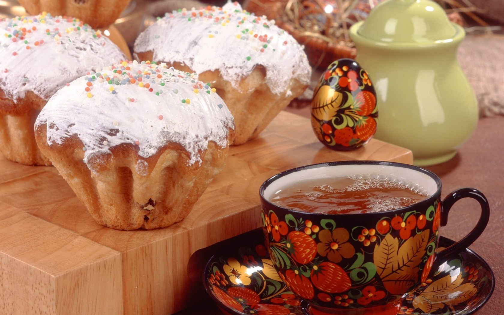 кулич, хохлома, посыпка, пасха, яйцо, easter, праздник, чай