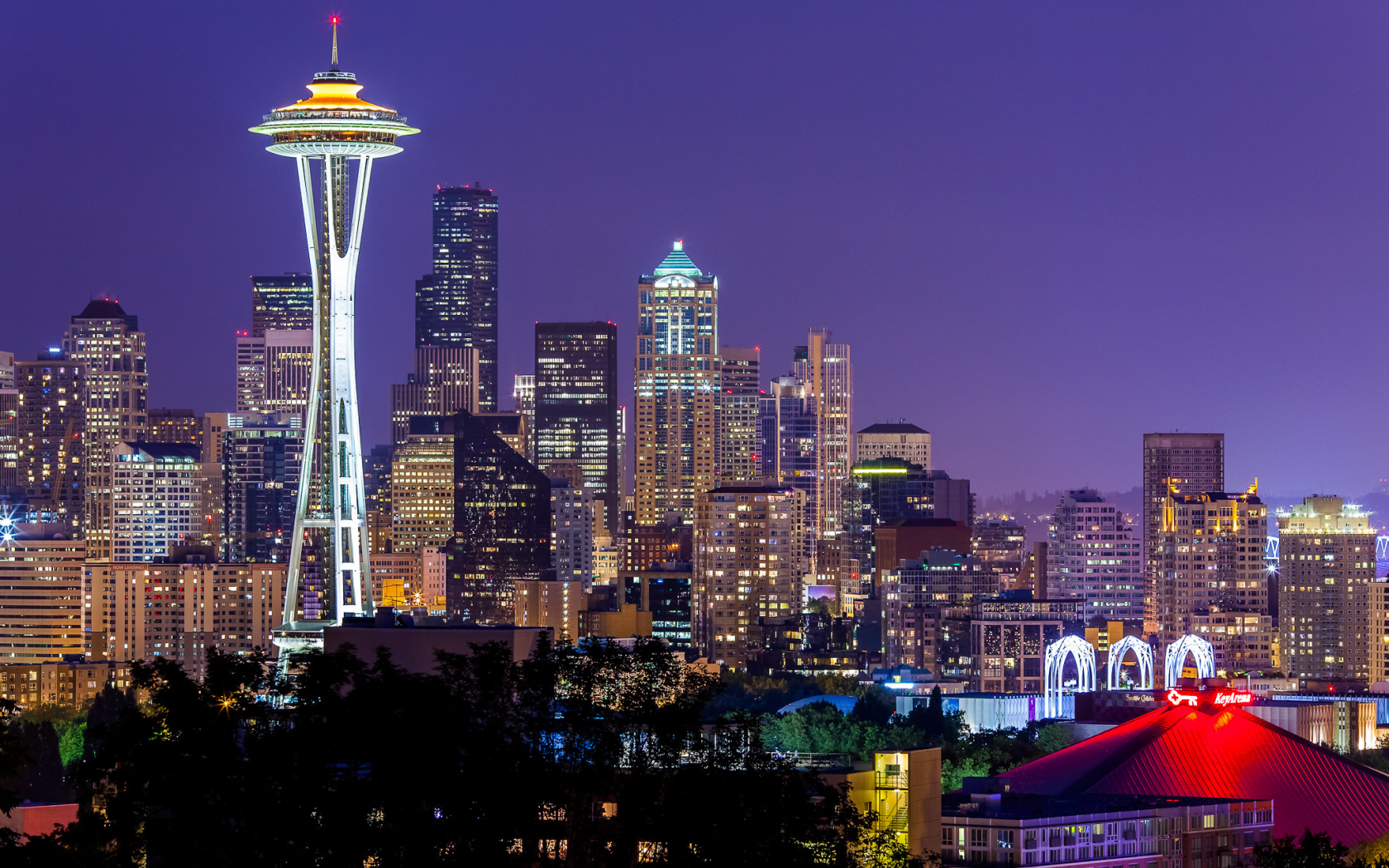 space needle, city, violet, sky, lights, usa, сша, washington, night, seattle