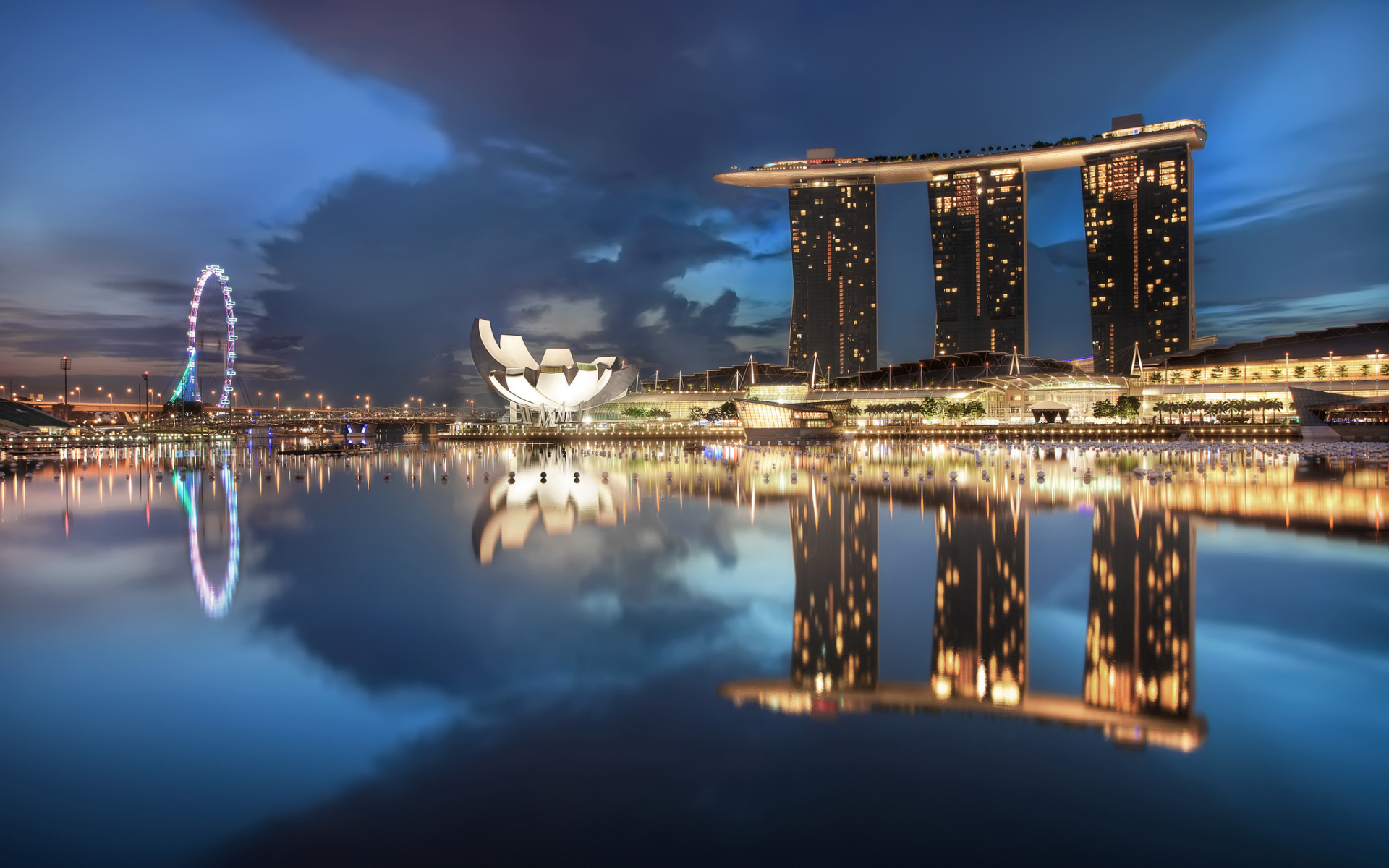 night, blue, sky, architecture, gardens by the bay, skyscrapers, singapore, lights, clouds