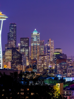 space needle, city, violet, sky, lights, usa, сша, washington, night, seattle