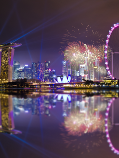 skyscrapers, lights, holiday, gardens by the bay, sky, singapore, night, reflection, architecture