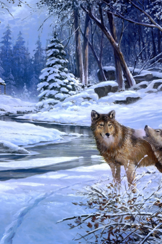 return to cabin creek, живопись, волк, волки, george kovach, животные